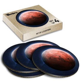 4 x Round Coasters - Red Planet Mars Space Exploration Cork Backed MDF Glossy Tea Coffee Accessory #51878