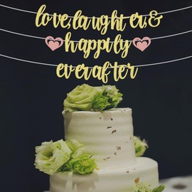 AROKIPPRY Pre-Strung Love Laughter & Happily Ever After Banner - Gold Glitter Bachelorette Wedding Bridal Party Banner - Bridal Shower Bridal Engagement Party Decorations