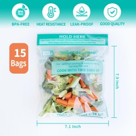 WRAPOK Microwave Steamer Bags 15 Pack Zip Steam Vegetable Cooking Bag for Potatoes Meat, 7.1 X 7.9 Inches