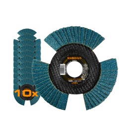 RHODIUS Vision Pro, 10 pieces, diameter 125 mm, K60 flap discs, transparent, made in Germany, metal stainless steel INOX, for angle grinder, grinding wheel, flap grinding disc