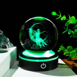 YWHL 3D Crystal Ball Moon Fairy Figurine with Colorful LED Base, Laser Fairy Gifts for Women Girls on Christmas Birthday, Fairy Statue Glass Globe Decorative Ball for Home Decor (80mm)