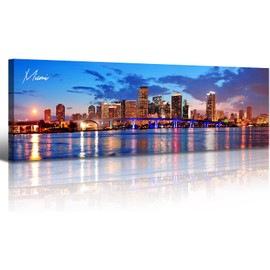 Office Wall Decor Miami Skyline Wall Art Panoramic Cityscape Picture Modern USA City Night View Canvas Prints for Bedroom Living Room Home Decoration Stretched and Framed Ready to Hang 13.8"x45.3"