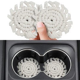 Car Cup Holder Coaster 2 Pack, Cotton Car Coaster for Cup Holders Insert, Macrame Boho Cup Holder Car Accessories Interior for Women (Beige)