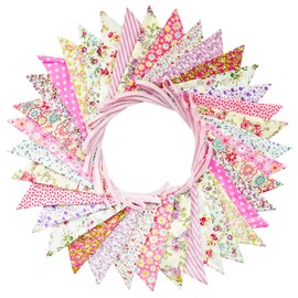 G2PLUS 36PCS Large Fabric Bunting Banner, 10M Double Sided Cotton Triangle Flag Garland-17x19CM Two Layer Pink Floral Pennants for Wedding Birthday Parties