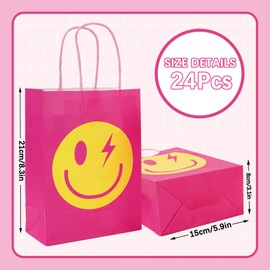 JarThenaAMCS 24Pcs Preppy Party Favor Bags Hot Pink Smile Face Lightning Paper Gift Bags with Handles Goodie Treat Bags for Bachelorette Birthday Wedding Party Supplies