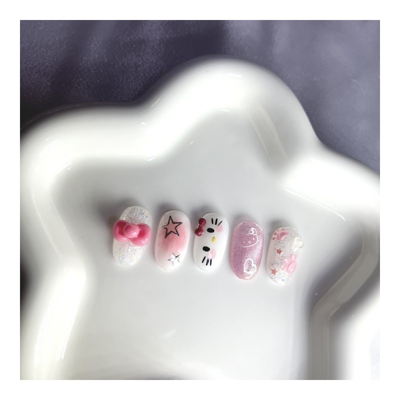 [Premium handmade embossed nail] Cutie pink cat - round /