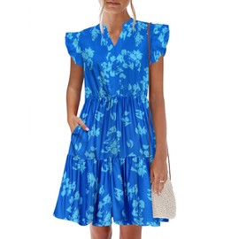 HOTOUCH Women Summer Casual Dresses with Pockets Beach Babydoll Sundress Floral Dresses, Blue Flower Print L