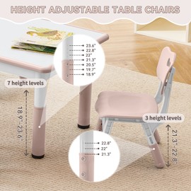 GITAWUSA Kids Study Table and Chairs Set, Height Adjustable Toddler Table and Chair Set for Kids Ages 3-8, Graffiti Desktop Plastic Children Art Table with 4 Seats, Lovely Pink