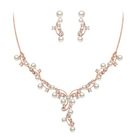 EVER FAITH Wedding Fashion Jewellery Sets for Bride Cubic Zirconia White Simulated Pearl Necklace Earrings Set for Women, Pearl Cubic Zirconia Pearl