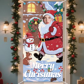 WADORN Christmas Santa Claus Photo Door Banner, 2.9x5.9 Ft Winter Christmas Party Phtography Backdrop Large Fabric Santa Claus Face in Hole Hanging Door Cover Banner with Rope for Xmas Holiday Party