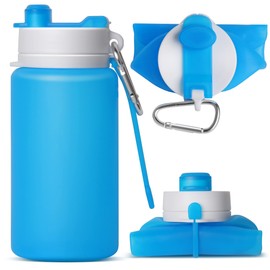 MCOMCE - Botella de agua plegable, botella de agua plegable para viajes y botella de agua plegable con clip para mochila, botella de agua portátil de silicona, botella de agua plegable para viajes (20 onzas, azul)
