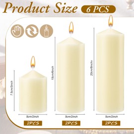 MTLEE 6 Pcs Pillar Candles 3 Set 2 in x 3, 6, 8 Inch Smokeless Dripless Unscented Pillar Candles Long Clean Burning Wax for Wedding Dinner Party Spa Emergency Ceremony Home Decor(Ivory White)