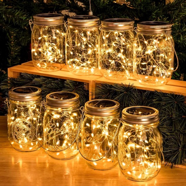 8 Solar Powered Fairy String Lights w/Glass Mason Jar Hanging
