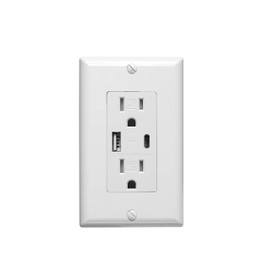 Sunlite 08154 USB Charger and Duplex Receptacle, USB-A/C Ports, DC 4.8A 5A, 15A-125VAC, Decorator Style, Tamper Resistant, White with Cover Plate, for Fast Charging for Mobile Devices, UL Listed