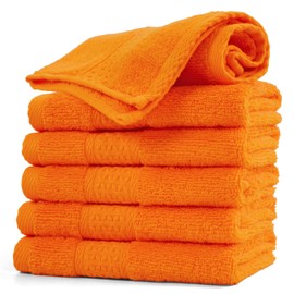 Cleanbear Washcloths Orange Face Cloths Set of 6 Large All Cotton Bathroom Wash Cloth - 13 by 13 Inches Highly Absorbent Face Towels for Daily Use