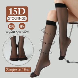 ChicVerves 8 Pairs Sheer Knee High Stockings for Women 15D Sheer Socks Nylons Pantyhose for Women with Wide Calf, Black
