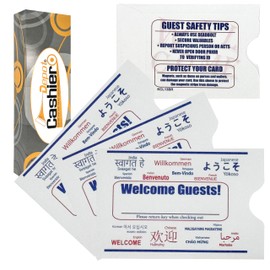 2500 Cashier Depot Hotel Key Card Sleeves, Motel Key Card Envelope " Welcome Guests" Multilingual 2 3/8" x 3 1/2", White 24lb., 2500 Count (Blue & Red)