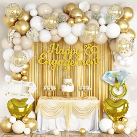Ziophlux Gold Engagement Party Decorations, Just Engaged Decorations for Wedding Party, Bachelorette & Home Party, with Happy Engagement Banner, Foil Balloons, Sash, Fringe Curtain