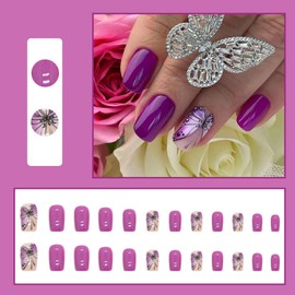 24Pcs Square False Nails Short French Tip Press on Nails Acrylic Full Cover Stick on Nails with Purple Butterfly Designs Glossy Removable Fake Nail for Women and Girls Nails Art
