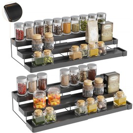 INVOCOO 2 Pack Expandable Spice Rack Organizer for Cabinet - 3 Tier Adjustable Cabinet Spice Organizer Easy Visibility - Spice Organizer for Cabinet Countertop Cupboard Pantry Organization (Black)