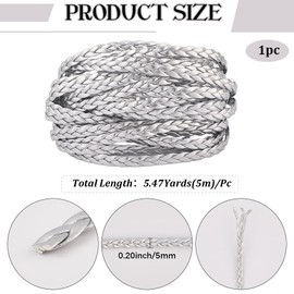 GORGECRAFT 5m Metallic Braided Leather Cord String Rope Folded 5mm Silver Flat PU Leather Rope with 3 strands Leatherette Braiding String Thread for DIY Crafts Bracelet Necklace Jewelry Making