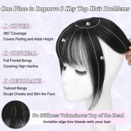 BUPPLER Hair Toppers for Women 360°3D Cover Clip in Bangs 100% Real Human Hair Topper with Bangs for Thinning Hair Clip on Bangs Hair Clip in Hair Extensions/Pieces for Daily Wear,5×10 Black