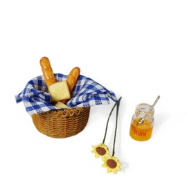 9 Pieces Miniature Food, 1/12 Miniature Food Set, Miniature Bread Basket, Bread, Honey, Picnic Cloth, Flowers, Mini Food Dollhouse Decoration, Gnome Door Accessories for Children (Blue)