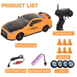 KBIBCK Ferngesteuertes Auto, 1:24 RC Drift Car, 4WD Spielzeugauto, RC mit LED-Leuchten, Ferngesteuertes Drift Car, Geschenk für ab 4 5 6 7 8 + Jahre Kinder und Erwachsene, Gelb