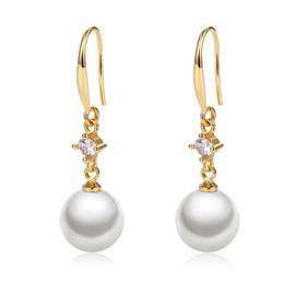Qimily White Pearl Earrings for Women, Fishhook Pearl Drop Earrings with 18K Gold Plated CZ Diamond, 5A+ Cubic Zirconia Pearl Dangle Earrings Fine Jewelry for Ladies 10MM