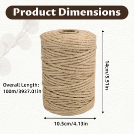 Corda in Juta Naturale spessa 4 mm 100 m, Spago di Juta, Cordino Rustico per Giardinaggio, Bricolage, Fai da Te, Decorazioni, Orto e Confezioni Regalo