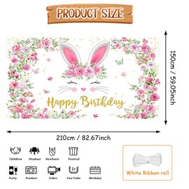 AIBIIN 5x7ft Bunny Birthday Banner Decorations for Girls,Easter Happy Birthday Banner Pink Floral Rabbit Spring Photo Backdrop Poster Photography for Kid Bunny Birthday Party Supplies Decor