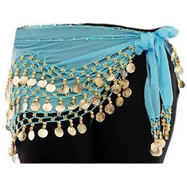 One Size Fit All - Sky Blue Gold Coins Belly Dance Skirt WITHOUT Bracelet/Cuff