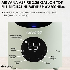 Airvana – AV200HUM – SGE Humidifier – 2.25 Gallon Capacity with LED Display Screen, Sleep Mode, and Coverage up to 757 Square Feet - Sage