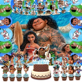 42pcs Moanna Birthday Party Supplies Pack Includes，Banner，Cake Topper，Blackdrop,Balloons for Moanna party decoration