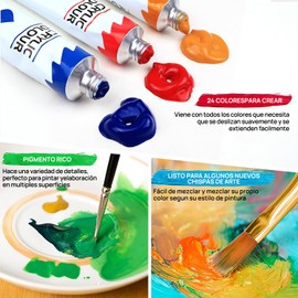Juego de Pintura Acrilica,Kit de Pintura Acrílica Profesionales,Pintura 24 Colores×12ml con 6 Pinceles para Pintura Acrilica y 1 Paleta y 2 Lienzo para Pintar,para Acuarelas Papel,Lienzo,Roca,Madera
