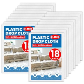 18 Pack Plastic Drop Cloth, 9 x 12 Feet Plastic Sheeting, Painter's Sheeting & Tarps for Painting, Dustproof Painters Plastics Tarp for Furniture Cover