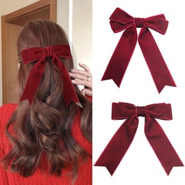 2PCS Velvet Bows for Women Red Big Bowknot Hairpin French Hair Clips with Long Ribbon Solid Color Hair Barrette Clips Vintage Hair Accessories for Women Girls