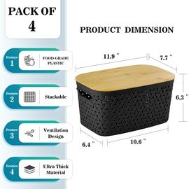 Plastic Storage Bins with Bamboo Lids Set of 4 - Pantry Organization and Storage Containers Storage Baskets - Stackable Storage Bins for Shelves Drawers Desktop Closet Playroom Classroom Office