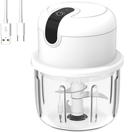 Luniquz Mini Garlic Chopper, Cordless Electric Garlic Slicer, 300ML GLASS Cup Rechargeable Small Food Processor for Vegetable Onion Tomato Pepper Herb, Anti-slip, incl. Splash Guard, Charging Cable