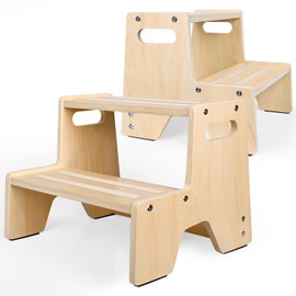 2 Pack Toddler Step Stool Wooden Step Stool for Kids with Anti-Slip Surface and Pads 2 Step Stool with Handles for Bathroom Sink Kitchen Bed Toilet Potty Training