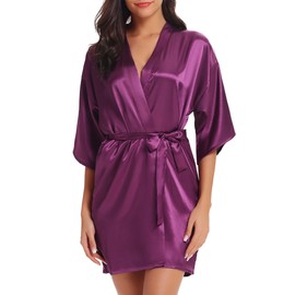 Wikoan Women's Satin Dressing Gown, Soft Silk Robe Lightweight Sleepwear for Bridal, Wedding Party Robes with Oblique V-Neck,L,Dark Purple