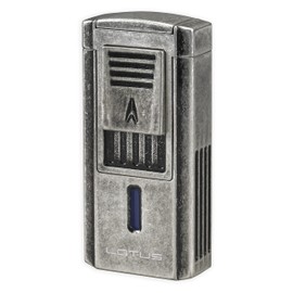 Lotus Duke V Cigar Lighter with Triple Pinpoint Wind-Resistant Torch Flames, Single Action Ignition, Integrated V-Cut Cutter, Tinted Fuel Level Window (Antique Pewter)