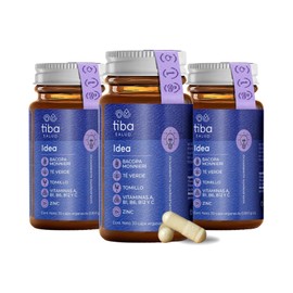 Suplemento Memoria y Concentración Cerebro TRIO IDEA TIBA SALUD | 90 Cápsulas, Bacopa Monnieri 800 mg, Té Verde, Vitaminas A C B1 B6 B12, Zinc, Multiv