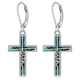 Cross Faith Earrings for Women Sterling Silver Abalone Shell Faith Hope Love Cross Earrings Dangle Leverback Jewelry Christmas Gifts Pendant