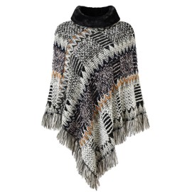 Ferand Women's Cozy Boho Turtleneck Poncho Sweater with Fringe Stylish Chevron Design for Winter, Grey