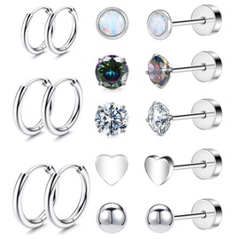 Versatile 8 Pairs Titanium Earrings for Sensitive Ears - Dot Ball Opal Cubic Zirconia, 20 Gauge, Pure Titanium Stud and Hoop Earrings Set - G23 Titanium Earrings with Flat Back for Women (A-Silver)