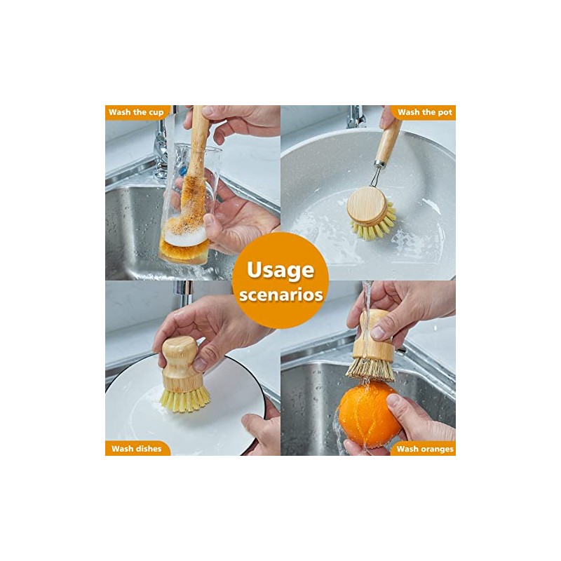 SAMEBUTECO Bamboo Dish Brushes Sets 4 Tools in One Kitchen