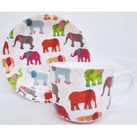Fromeuropewithlove Elephants Breakfast Cup & Saucer Fine Bone China Patched Multicolour Elephants Large Cup & Saucer Hand Decorated in the UK