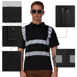 A-SAFETY Big and Tall Black High Visibility Safety Polo T Shirt Reflective Construction Work Shirts 6XL Security Polo Shirt