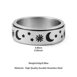 HZMAN Moon Star Sun Fine Tuning Rotating Ring Stainless Steel Boho Jewelry for Women Men (Silver,9)
